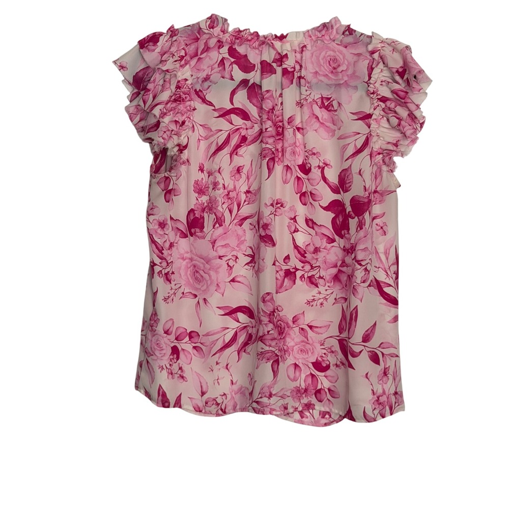 Cupcakes and Cashmere Pink Floral Ruffle Cap Sleeve V-Neck Chiffon Blouse Large - Picture 3 of 3
